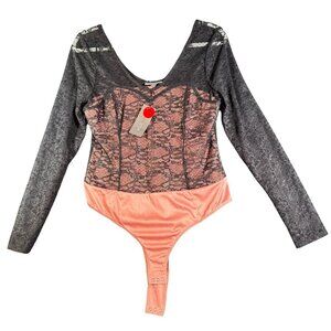 Bold Elements Women's Lace & Satin Bodysuit With Long Sleeves Black Peach  Size